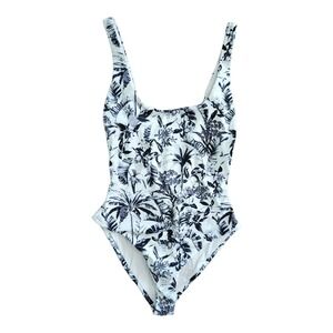 Onia Women's One Piece Swimsuit Floral Palm Print Scoop Neck White Black Small‎